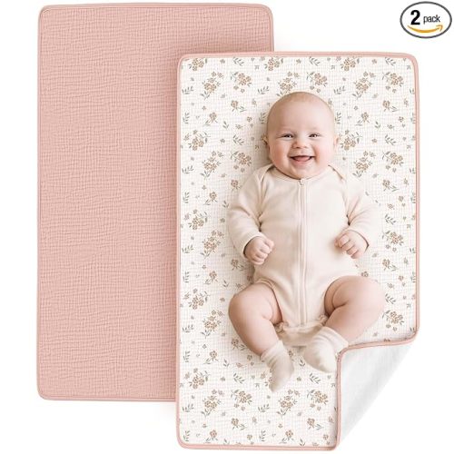 Konssy 2 Pack Waterproof Muslin Cotton Portable Changing Pad 30"x 17", Soft & Foldable Baby Changing Mat Travel Pad with Terry Backing, Shower Gift for Newborn Girls Boys (Pink,Blossom)