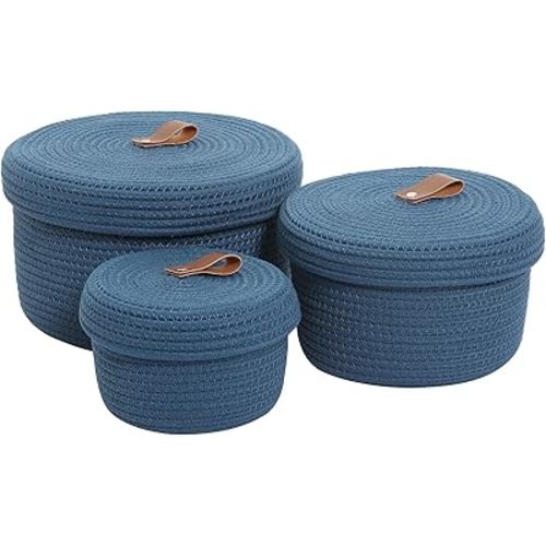 Cottonphant Set of 3 Stylish Round Woven Baskets with Lids - Elegant Storage Solution for Home Decor and Organization - Compact Shelf Baskets (Dark Blue, 10"x6"-8"x5"-6"x4")