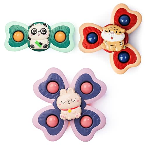 LiKee Strong Suction Cup Fidget Rotating Sensory Bath Toys for Baby 12 18 Months Airplane Car Travel Table & Window Toys for 1 2 Years Old Toddler Boys and Girls (Panda)