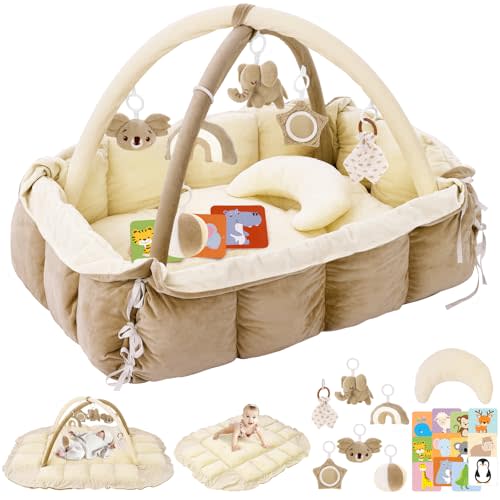 5-in-1 Plush Baby Play Gym, Baby Play Mats, Convertible Baby Gym with Pillow, Tummy time mat, Baby&Ped Bed, 6 Sensory Toys, Baby Activity Center from Newborn to Toddler, Cat&Dog Bed, Ball Pit, Cream