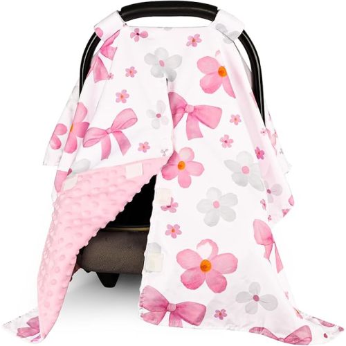 Hooyax Peekaboo Car Seat Cover for Baby Girl - Warm Minky Carseat Canopy with Adjustable Opening, Universal Fit for Infant Car Seats & Strollers, Soft Nursing Cover & Blanket (Pink Bow)