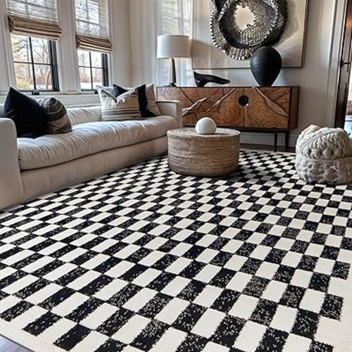 Rugshop Black and White Checkered Area Rug – High-Contrast Grid Pattern Carpet for Living Room, Bedroom, or Dorm – Trendy Contemporary Soft Floor Décor 7' 10" x 10' Black