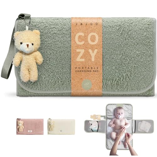 J&Joo Portable Diaper Changing Pad - Ultra Soft, Extra Padded, Waterproof Baby Changer Travel Essential, EZ Access Mesh Pockets, Gift for Baby Shower, Newborn Girls and Boys, 0-12 Months