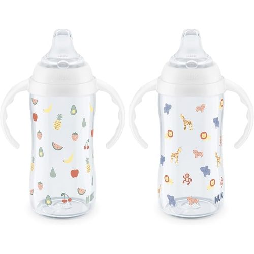 NUK Learner Cup, 8+ Months, Fun Fruits and Animals, Amazon Exclusive Collection, 10 Oz, Pack of 2, BPA-Free, Soft Spout, Spill Proof Sippy Cup
