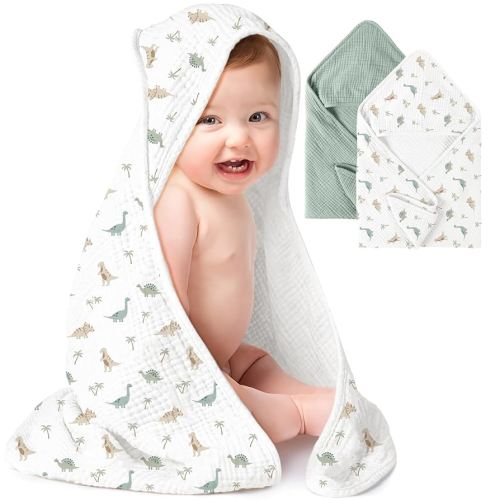 Konssy 2-Pack Muslin Hooded Baby Towels, 100% Cotton, Ultra-Soft & Absorbent Baby Bath Towels with Hood for Newborn & Infant (Green,Dino Jungle,32" x 32")