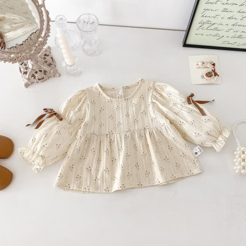 12- 18 mos- Baby Flower Bow Blouse/Brown Lace Pants
