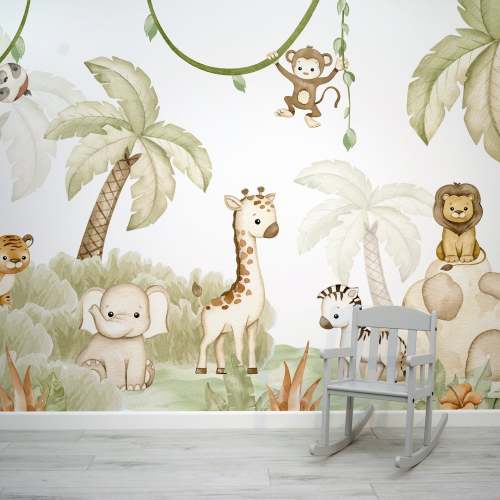 Savannah Joy - Cute Watercolour Jungle Animal Nursery Wallpaper Mural