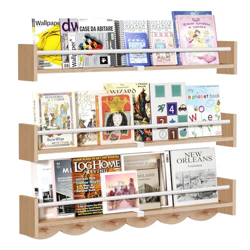 34Inch Nursery Bookshelves Wall Mounted,Wooden Floating Shelf Kids Coat Rack with 6Hooks,Hanging Shelf for Baby Nursery Room Décor, Set of 3 Burlywood