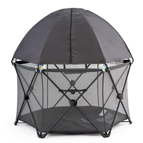 Pamo Babe 6-Panel Portable & Foldable Baby Playpen for Toddlers , Outdoor Travel Playard for Baby with Canopy (Grey) - grey