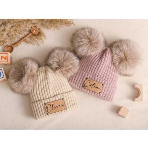 Custom Name Baby Beanie, Personalized Kids Winter Beanie, Engraved Leather Patch Pompom Beanie, Kids Christmas Gift, Adults Beanies Hat
