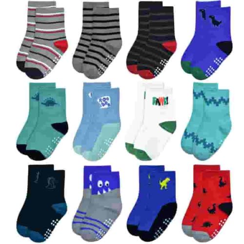 Skibeaut Baby Boys Socks with Grip Non Slip Toddler Socks Anti Skid Crew Socks for 0-7 Years Babies Infants Kids(12 Pairs)