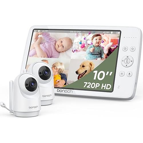 bonoch MegaView Baby Monitor, 10" Video Monitor with 2 Cameras, 10000mAh Battery, Quad Split Screen Baby Monitor with Camera and Audio, VOX Mode, Auto Night Vision, Remote PTZ, Hack Proof