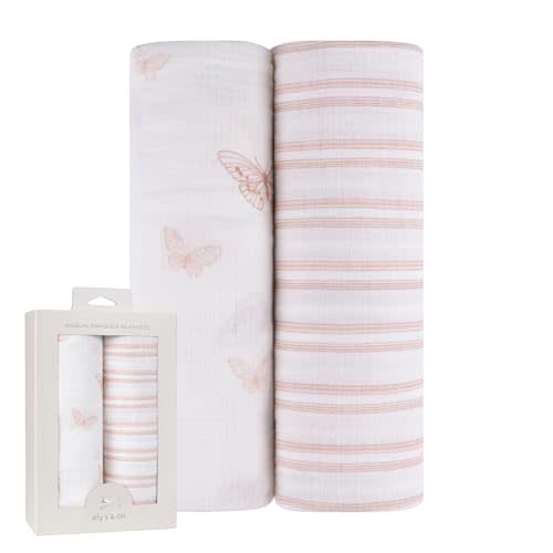 Ely's & Co. Muslin Swaddle Blankets 2-Pack for Baby Girl, 100% Cotton Muslin Extra Large Swaddle Receiving Blankets, 47”x47” (Pink Butterflies + Stripes)