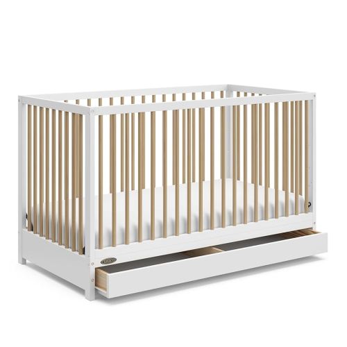 Graco Teddi 5-in-1 Convertible Crib with Drawer (White with Driftwood) – GREENGUARD Gold Certified, Crib with Drawer Combo, Full-Size Nursery Storage Drawer, Converts to Toddler Bed