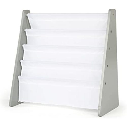 Humble Crew 4-Tier Kids Bookshelf, Grey Wood/White - Premium Book Shelf for Kids Rooms with Four Deep Pockets - Toddler Sling Book Rack with Deep Sleeves, Nursery Bookcase Organizer