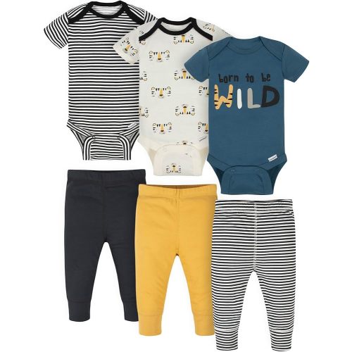 Onesies Brand Baby 3 Onesies 3 Pants Outfit Bundle Mix n Match Newborn to 12M, Black Yellow Tiger Stripe, 3-6 Months