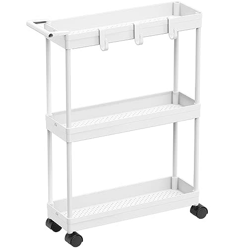 Simple Houseware Kitchen Cart Storage 3-Tier Slim/Super Narrow Shelves with Handle, 26.5'' Height/5.5'' Width for Narrow Place, White