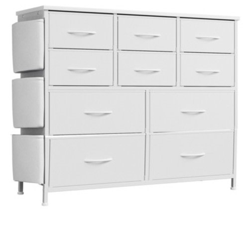 GustoWave Dresser for Bedroom, 10 Drawers Fabric Storage Drawer, Dressers & Chest of Drawers with Side Pockets, Hooks, Wood Tabletop, White