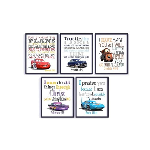 Cars Christian Nursery Set of 5 Unframed Prints, Lightning McQueen, Ramone, Doc Hudson, King 43 and Tow Mater