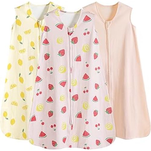 PHF Soft Baby Sleep Sack 6-12 Months 100% Cotton Wearable Blanket, 2-Way Zipper 0.5 TOG Toddler Sleeping Sack 3 Pack, Comfy Sleep Bag for Baby Boys Girls, Lemon (Medium)