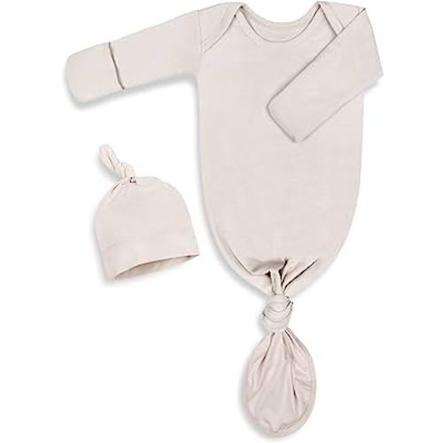 Newborn Knotted Baby Gown 0-6 Months, Super Soft Breathable Nightgowns for Babies Girl and Boy, Baby Girls Coming Home Hospital Outfit with Hat Set Oatmeal