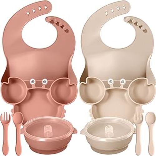 10 Pcs Baby Led Weaning Supplies, Silicone Baby Feeding Set with Divided Plate Adjustable Bib Suction Bowl Soft Spoon Fork, Toddler Self Eating Utensil Set (Beige, Orange)