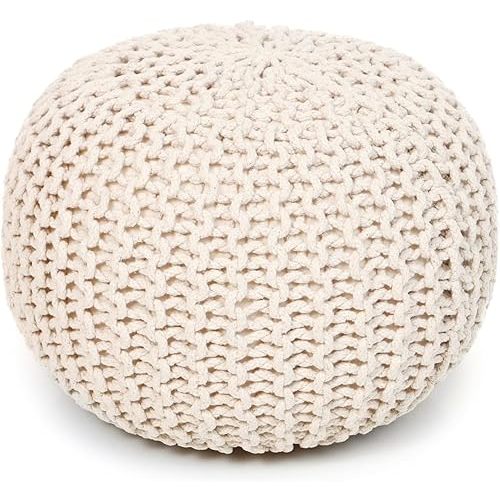 · REDEARTH · Round Pouf Ottoman - Hand Knitted Boho Poof Footrest - Ivory