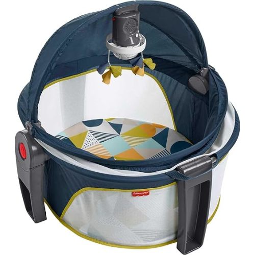 Fisher-Price Portable Baby Bassinet Deluxe On-The-Go Projection Dome, Travel Play Space for Newborns with Lights Music & Canopy, Cool Hues