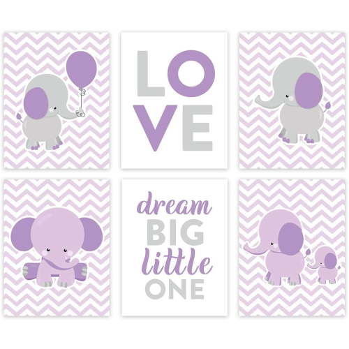 Koyal Wholesale Elephant Theme Girls Nursery Hanging Wall Art, Gray Lavender Elephant, Love, Dream Big Little One