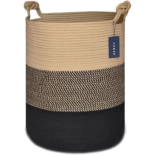 COMSE Extra Large Blanket Basket, Tall Woven Storage Basket, Nursery Hamper, 15.7”x 21.7”, Cotton Rope Laundry Hamper for Toys Clothes Towels, Brown/Black