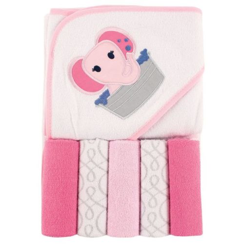 Luvable Friends Baby Girl Hooded Towel with Five Washcloths, Pink Elephant, One Size