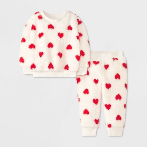 Baby Printed Heart Cozy Top & Bottom Set - Cat & Jack™ Cream Newborn