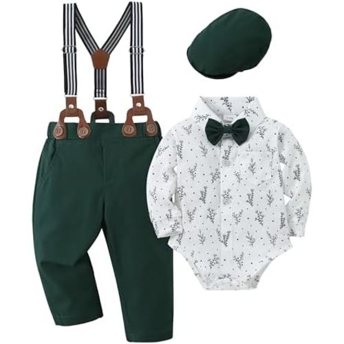 CARETOO Baby Boy Clothes Suits Infant Gentleman Outfit Formal Dress Shirt Suspender Pants Bowtie Beret Hat Wedding Set 0-18 M