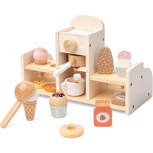 Wooden Ice Cream and Coffee Play Set for Kids, Pretend Play Toy Ice Cream Shop & Coffee Maker for Toddlers Ages 3-5, for Boys & Girls