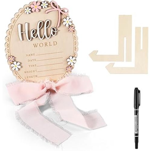 Tucnoeu Baby Announcement Sign, Wooden Hello World Newborn Welcome Sign, Bow Birth Stats Signs Newborn Photo Prop, Monthly Milestone Wood Discs(Ribbon)