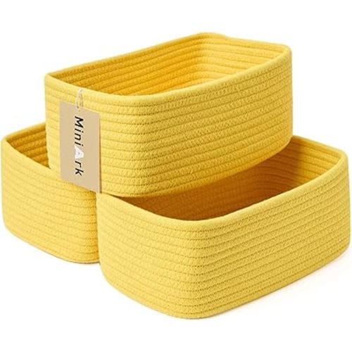 Small Storage Baskets for Organizing | Closet Organizer Bins | Shelf Toy Basket | Woven Rope Baskets | Cube Decorative Box | Shallow Basket | 11.5x7.5x4.7” | 3 Packs Yellow