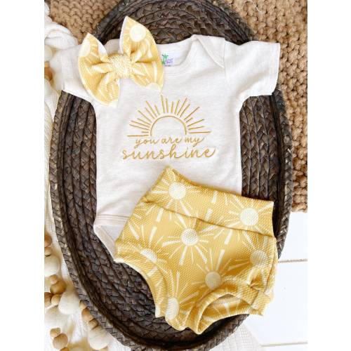 You are my sunshine baby outfit with bummies, cottagecore baby girl outfit, baby outfit bows and bummies, gold sun fall baby girl outfit