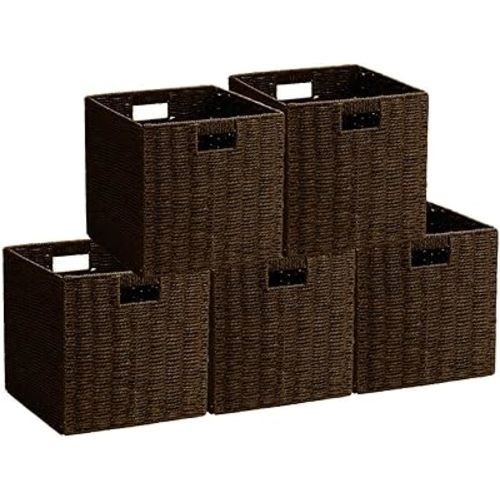 5Pcs Woven Shelf Baskets, 10.5'' Paper Rope Handmade Open Storage Bins, Dark Brown Pantry Baskets Organization Basket Foldable Storage Bins for Bedroom, Cubby Cubes Wicker Basket with Handles