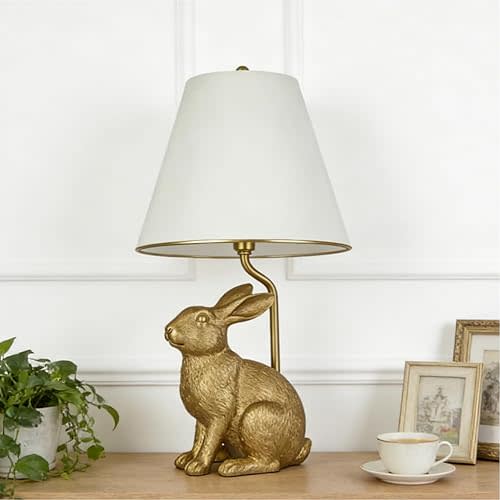 Golden Bunny Table Lamp with Tapered Linen Shade, Gold Finish Rabbit, Easter Decor Collection, Animal Light for Indoors, Bedroom, Study, Kids Room