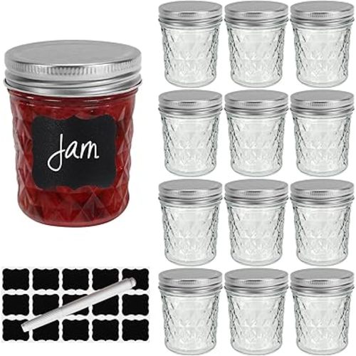 Small Mason Jars 6 oz with Airtight Lids,12 Pack Glass Diamond Canning Jar
