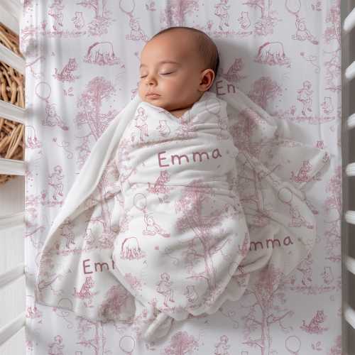 Toile Crib Sheet Winnie the Pooh Chinoiserie Baby Bedding Blue French Country Nursery Sage Storybook Decor Pink Vintage Heirloom Shower Gift