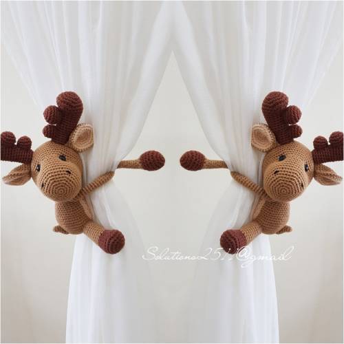 Moose Curtain Tie Backs, Moose Crochet Handmade Curtain Tie Backs, Animal tieback, Nursery Curtain Tie Back, (Made to order)