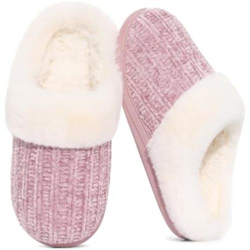Evshine Warm Knit House Slippers for Women Comfy Wool-Like Lined Chenille Slippers with Memory Foam and Indoor Outdoor Soles