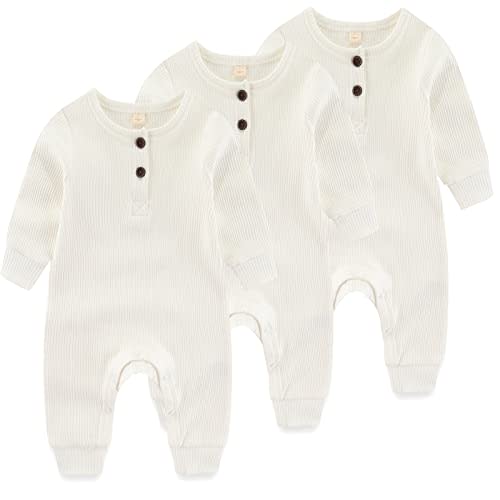 IADOER Newborn Baby Boys Girls One Piece Romper With Mitten Cuffs 3 Pack Long Sleeve Ribbed Button Jumpsuit Outfit Clothes