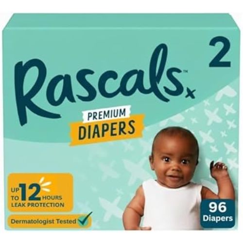 New Rascals Premium Absorbent Baby Diapers Size 2, 96 Count, with 5 Sensitive Infant Wipes
