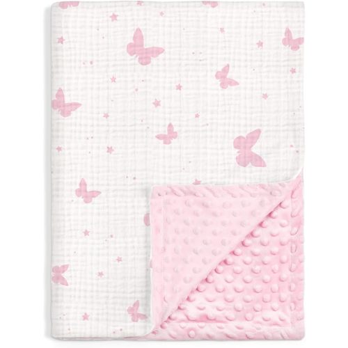 Butterfly Baby Blankets for Girls, Soft Nursery Minky Blankets with Muslin and Dotted Fleece Back 30x40 inches, Receiving Bed Quilt for Newborn, Infants, Toddlers