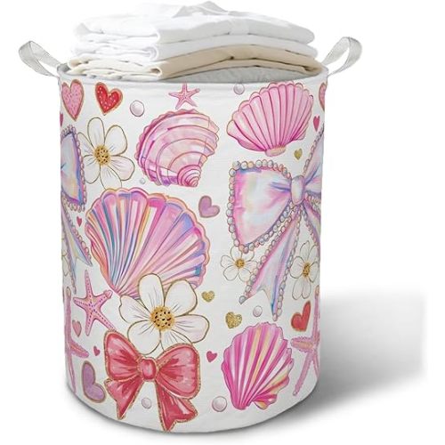 Preppy Bow Coastal Beach Laundry Basket Hamper, Coquette Seashell Starfish Ocean Foldable Clothes Toys Books Storage Box Bins Baskets Organizer for Girls Dorm Room Bathroom Home