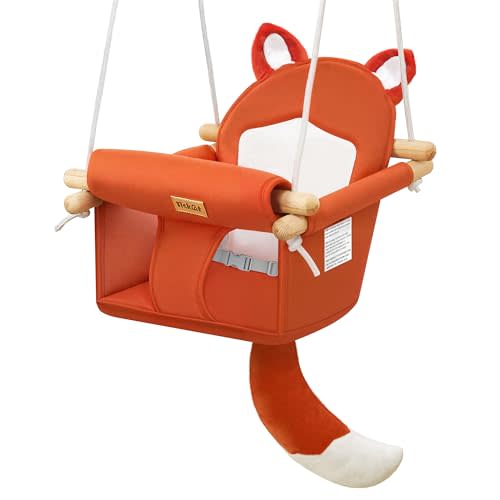 Wooden Baby Swing with Soft Safety Belt, Cozy Infant Swing Seat for Indoor & Outdoor Use, Adjustable Height, Includes Mounting Hardware – Suitable for Babies & Toddlers(Fox-Themed in Red)