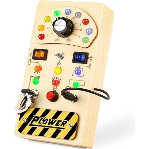 Joyreal Toddler Busy Board, Wooden Montessori Busy Board Sensory Board with LED Light Switch, Sensory Toys Baby Fidget Board Travel Toys for Toddler