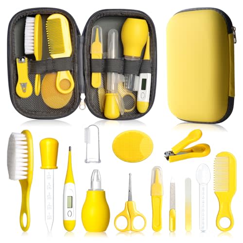 Baby Grooming Kit, Infant Safety Care Set with Hair Brush Comb Nail Clipper Nasal Aspirator,Baby Essentials Kit for Newborn Girls Boys (Yellow)